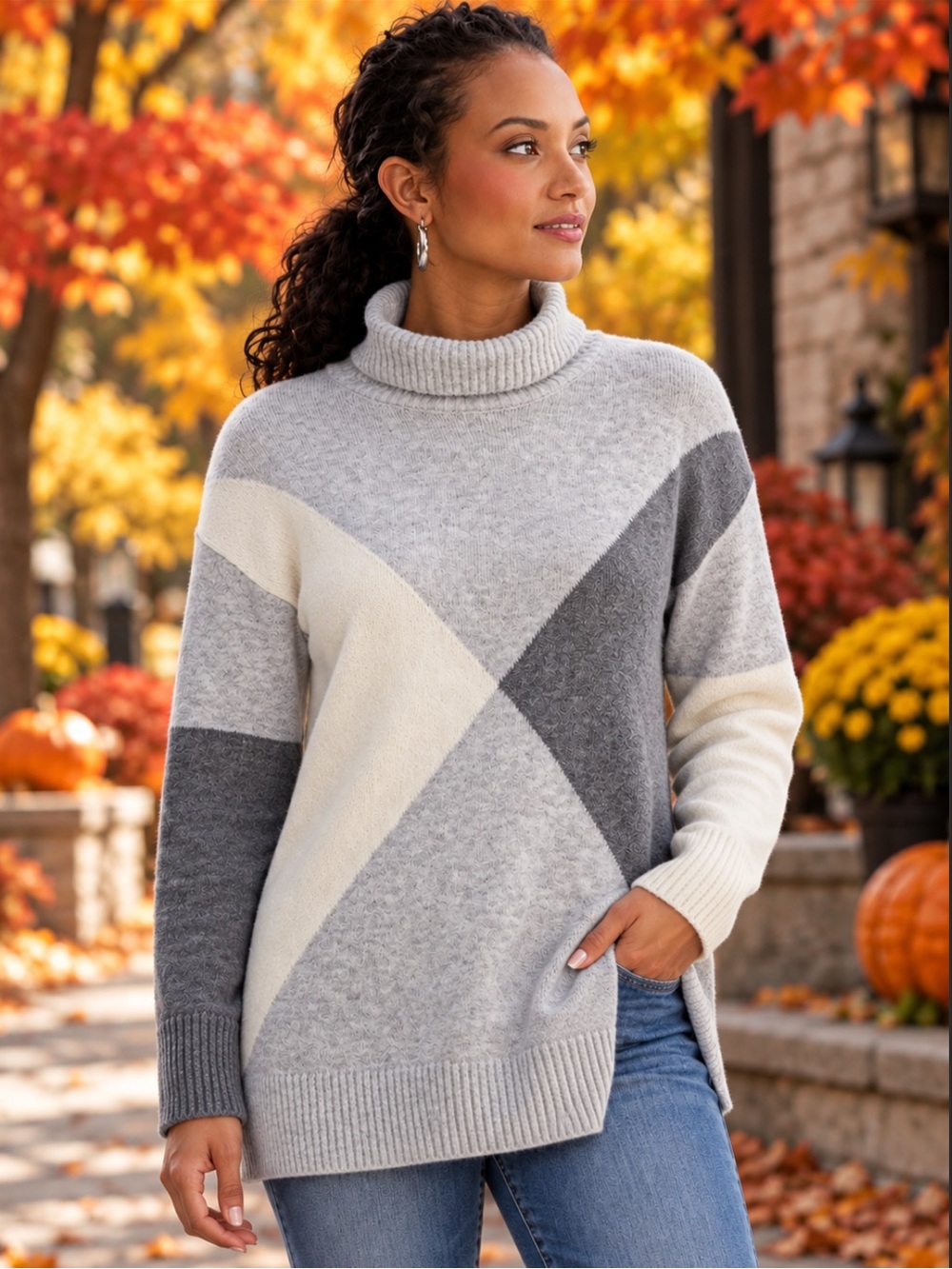 Apt. 9 Gray & Cream Geometric Turtleneck Sweater
